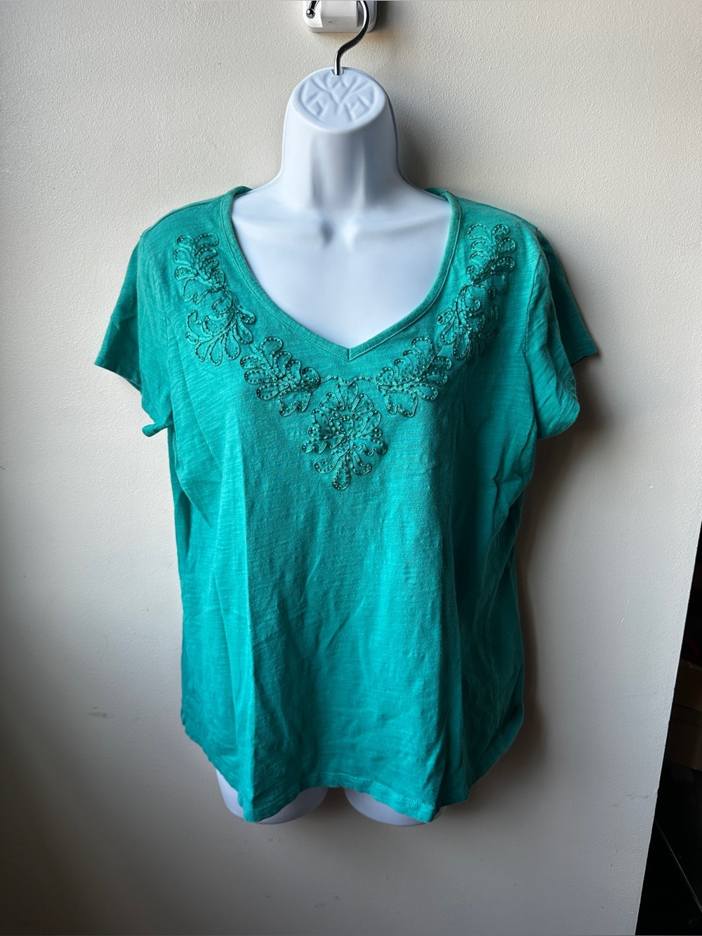 Green V Neck Embroidered Floral Beaded Top Y2K Boho Short Sleeve